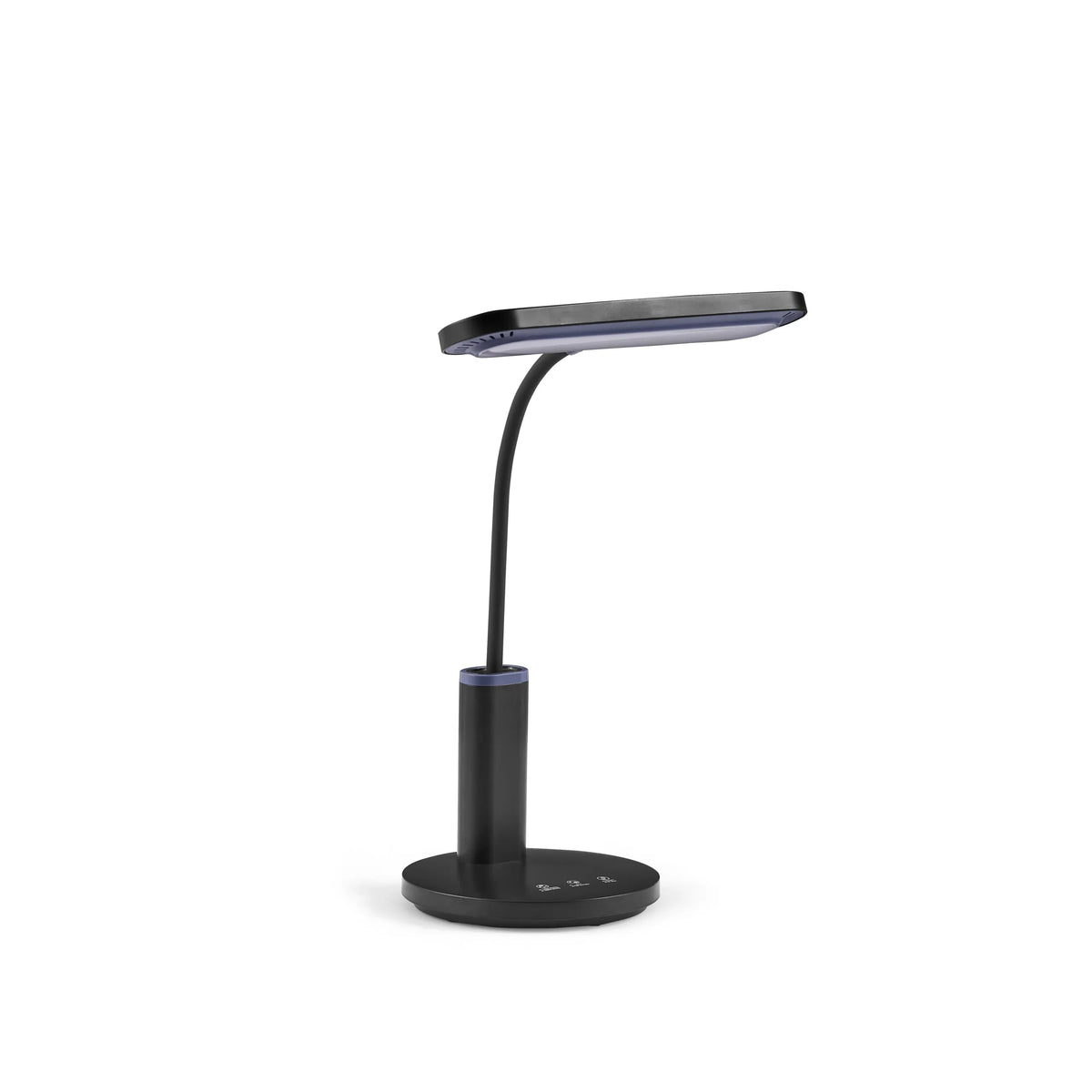 Zwarte Lumanova D4 bureaulamp met flexibele zwanenhals en ronde voet van hjh OFFICE – 360-gradenweergave (vooraanzicht 0°)