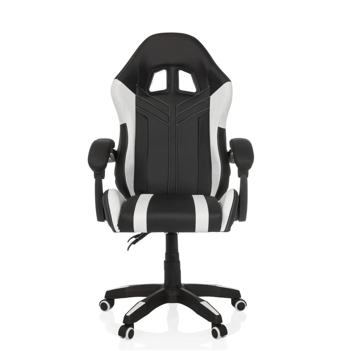 Zwart-witte Gamestoel GAMEBREAKER W02 met vijfpootkruis met zwenkwielen van MyBuero – 360-gradenweergave (vooraanzicht 0°)