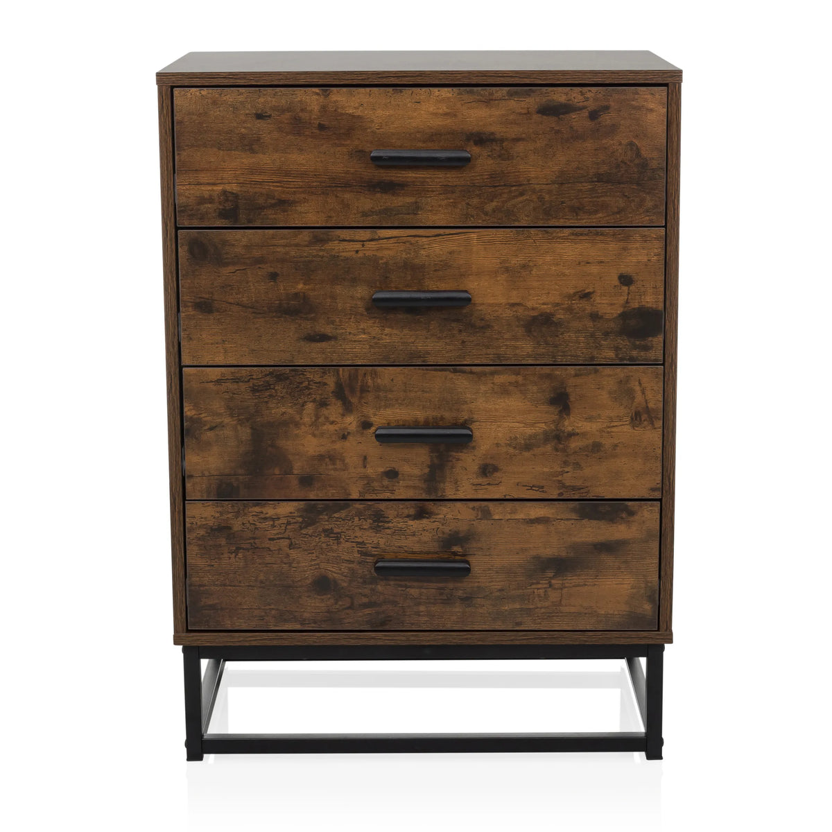 Bruine Commode VINSTRA met vier laden en zwart metalen frame van hjh LIVING – 360-gradenweergave (vooraanzicht 0°)