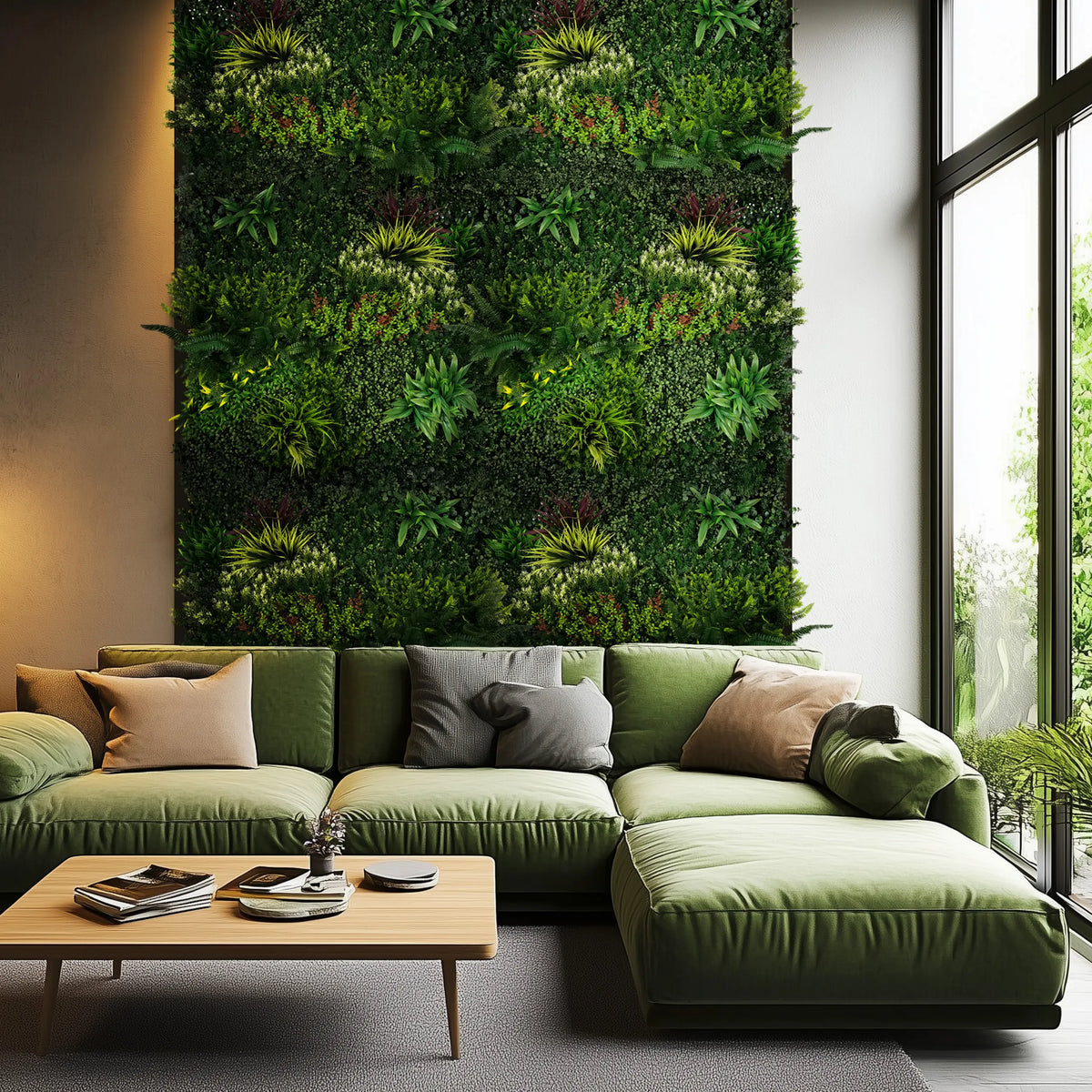 Groene plantmat LEAFLUXE 3D als verticale wandbegroening in een woonruimte van hjh LIVING