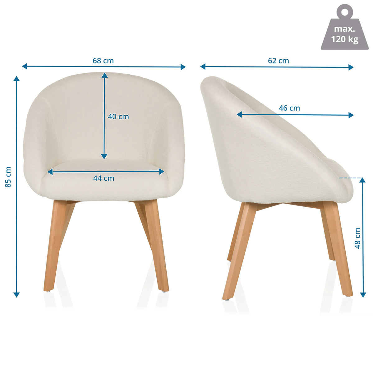 Maattekening van de Gestoffeerde stoel SCANDI TED met een breedte van 68 cm en een hoogte van 85 cm van hjh LIVING