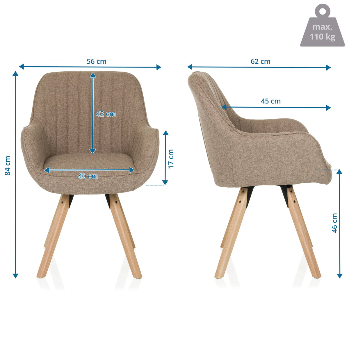 Maattekening van de Gestoffeerde stoel SCANDI SOFT met een hoogte van 84 cm en breedte van 56 cm van hjh LIVING