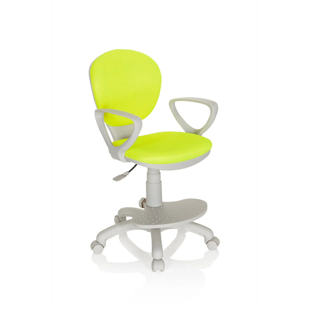 Groene Kinder bureaustoel KID COLOUR G1 met grijze armleuningen en vijfpoot-onderstel met wieltjes van hjh OFFICE – 360-gradenweergave (schuin vooraanzicht 40°)