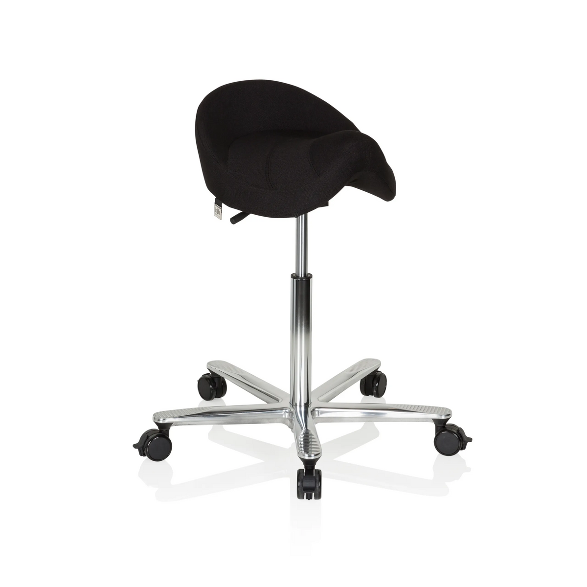 Zwarte Zadelkruk MOVE-TEC 3D PRO I met een voetkruis met vijf zwenkwielen van hjh OFFICE – 360-gradenweergave (schuin vooraanzicht 40°)