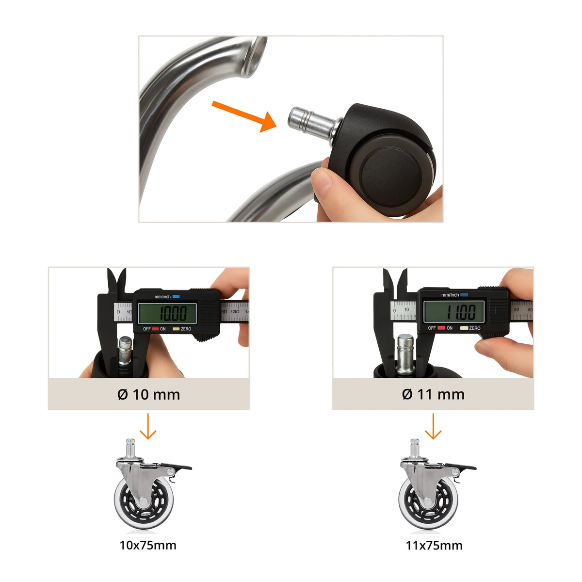Meting van de pendiameter van 10 mm en 11 mm voor 5x ROLO SKATE CT 11mm/75mm bureaustoelwielen van hjh OFFICE