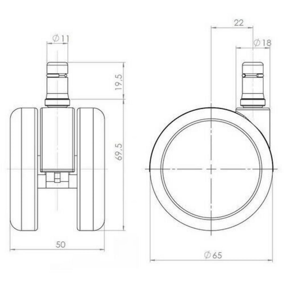 Technische tekening van de 5x ROLO LUX 11mm/65mm Bureaustoelwielen met een diameter van 65 mm van hjh OFFICE