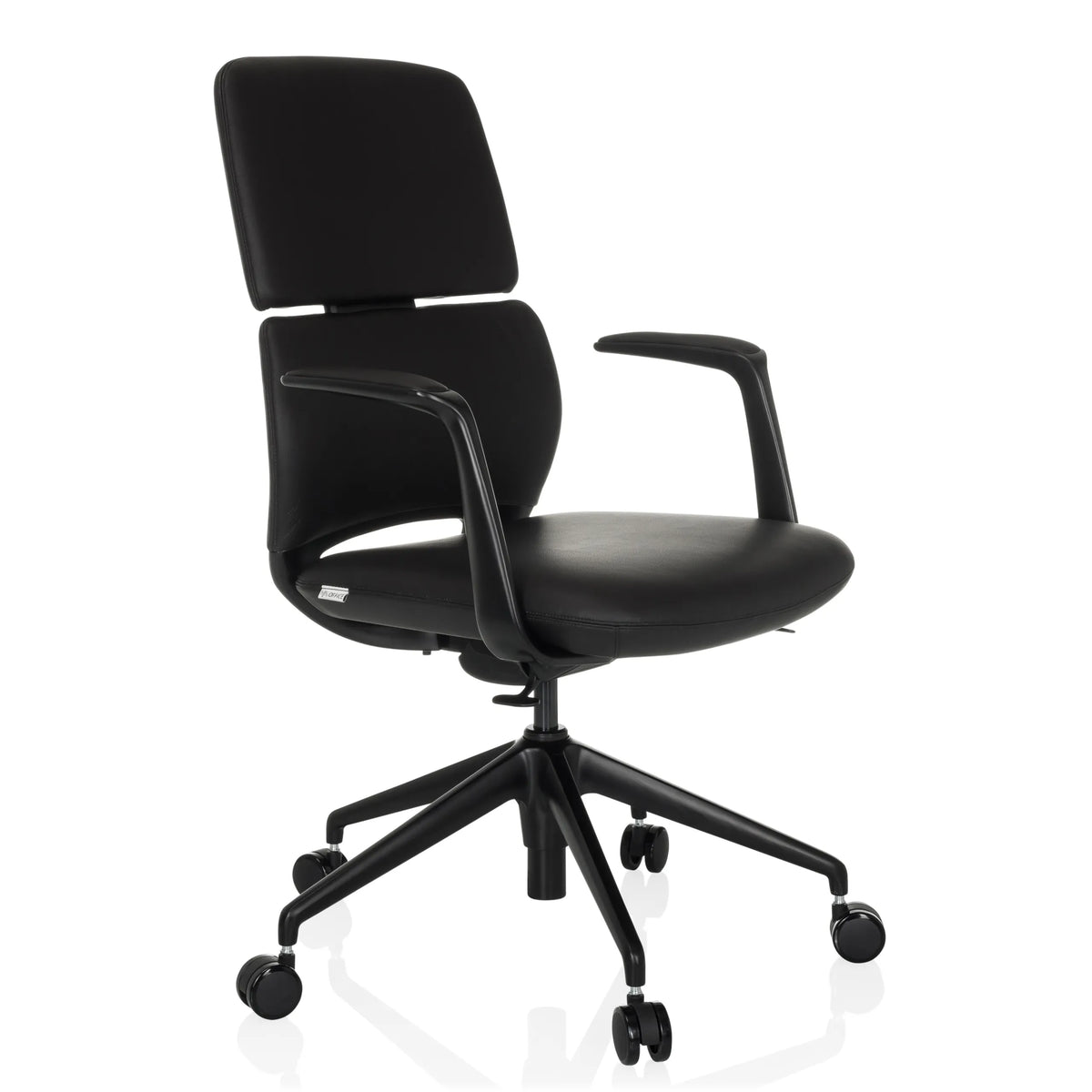 Zwarte Professionele bureaustoel ATMOS DESIGNER met armleuningen en vijfpoot met wieltjes van hjh OFFICE – 360-gradenweergave (schuin vooraanzicht 45°)