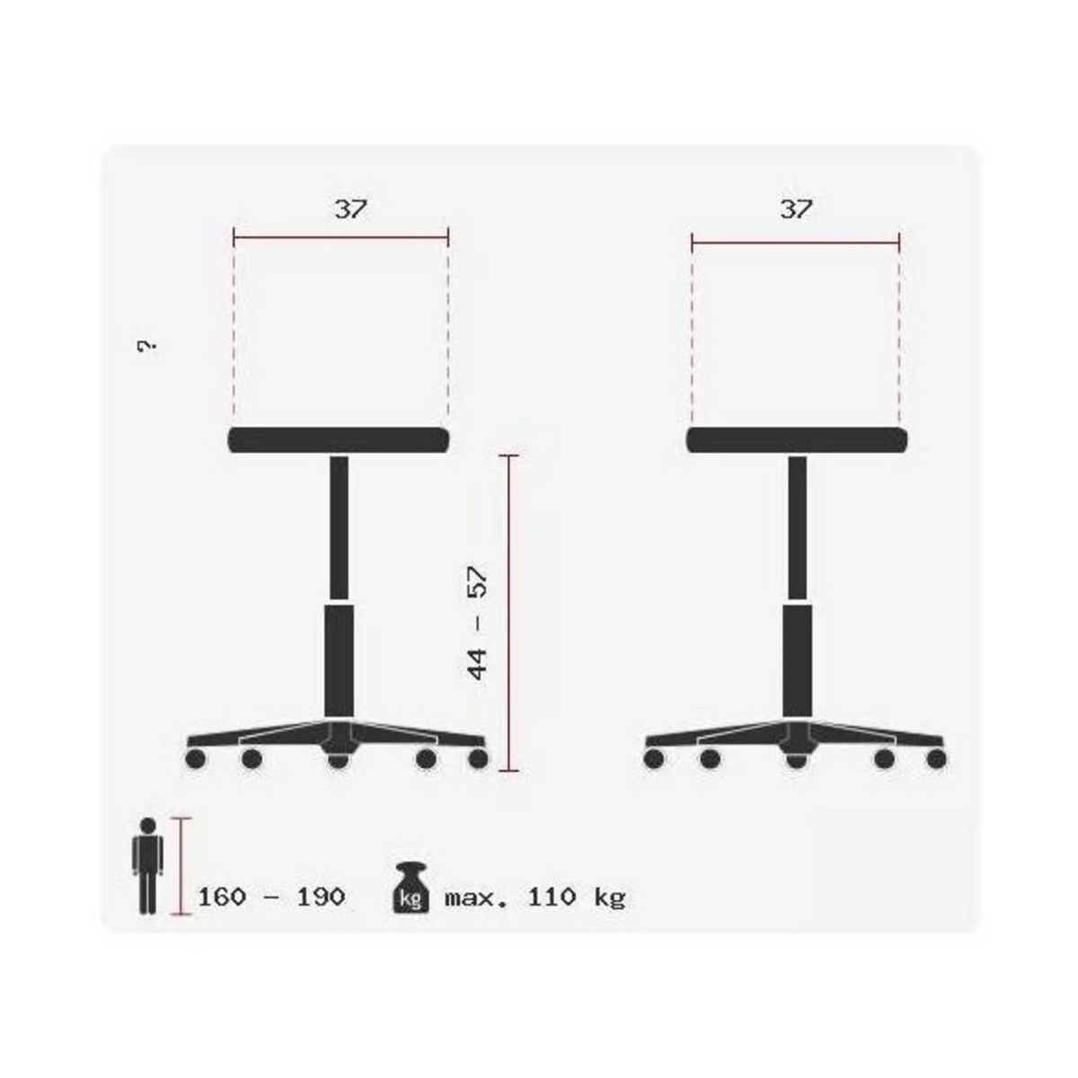 Technische tekening van de stahulp SITNESS BOB WHITE met een zithoogte van 44 tot 57 cm van Topstar