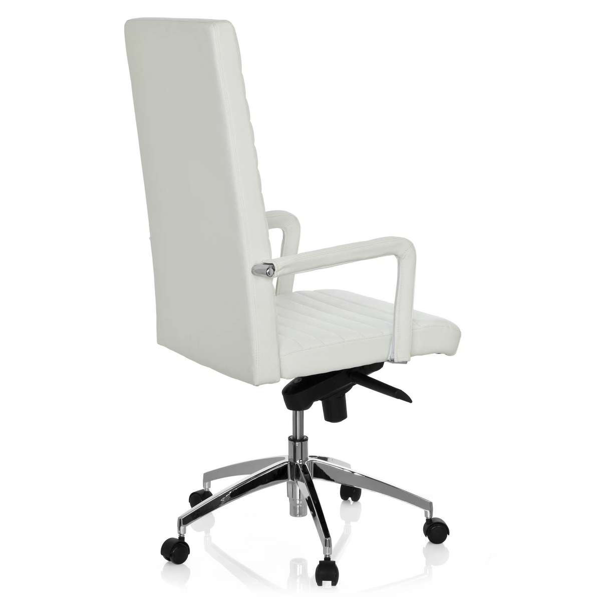 Witte Professionele directiestoel LENGA met horizontale stiknaden en vijfsterrenvoet met rolletjes van hjh OFFICE – 360-gradenweergave (schuin achteraanzicht 120°)