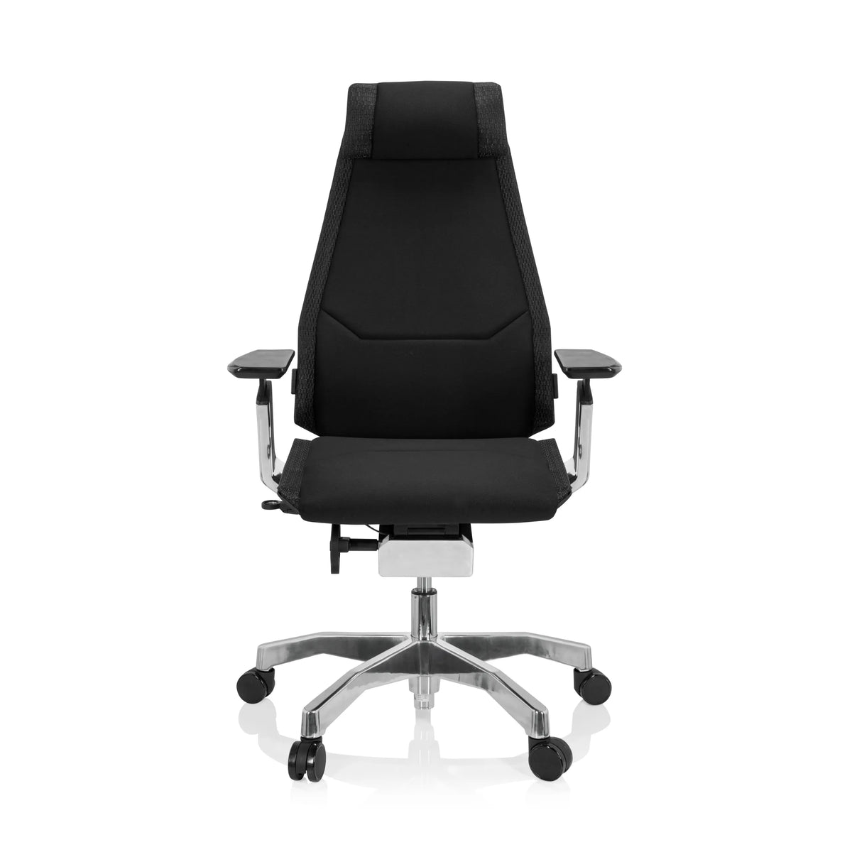 Zwarte High end bureaustoel GENIDIA PRO met stoffen bekleding en vijfpoot met wieltjes van hjh OFFICE – 360-gradenweergave (vooraanzicht 0°)