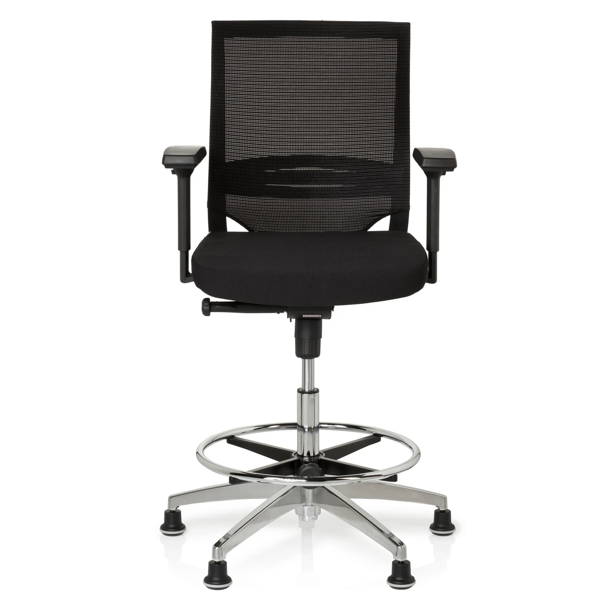Zwarte Baliestoel TOP WORK 77 met netrug, voetring en vijf glijders van hjh OFFICE – 360-gradenweergave (vooraanzicht 0°)