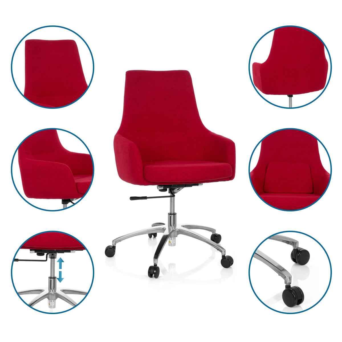 Rode thuisgebruik bureaustoel SHAKE 100 met detailweergaven van bekleding, gasveer en dubbele zwenkwielen van hjh OFFICE