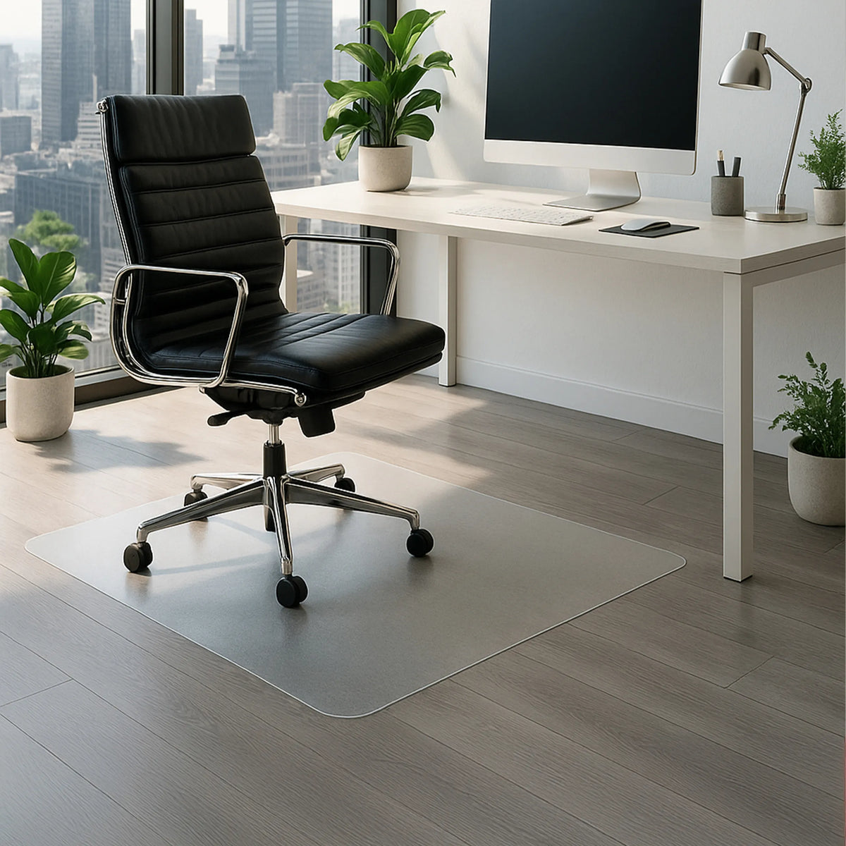 Melkwitte FORTIFLEX vloermat voor harde vloeren, 120 × 90 cm, onder een bureaustoel van hjh OFFICE