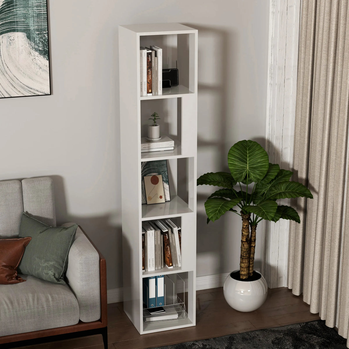 Witte Plank KALAG S met vijf open opbergvakken in een woonkamer van hjh LIVING