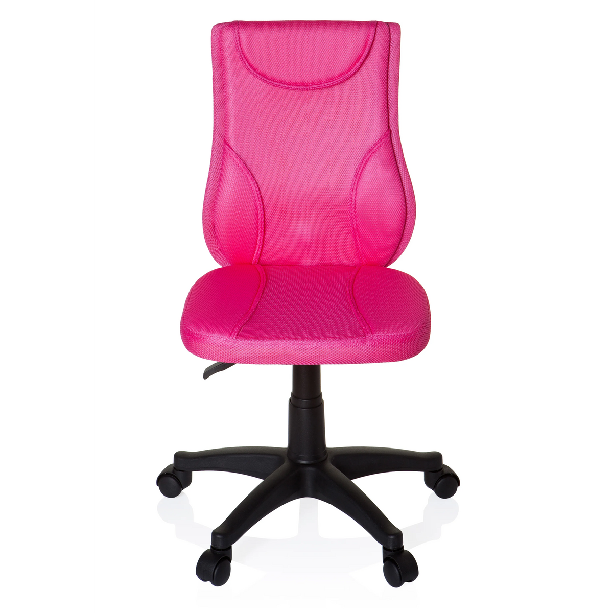 Pinker Kinderdrehstuhl KIDDY BASE mit Netzrücken und schwarzem Fußkreuz mit fünf Rollen von hjh OFFICE – 360-Grad-Ansicht (Frontansicht 0°)