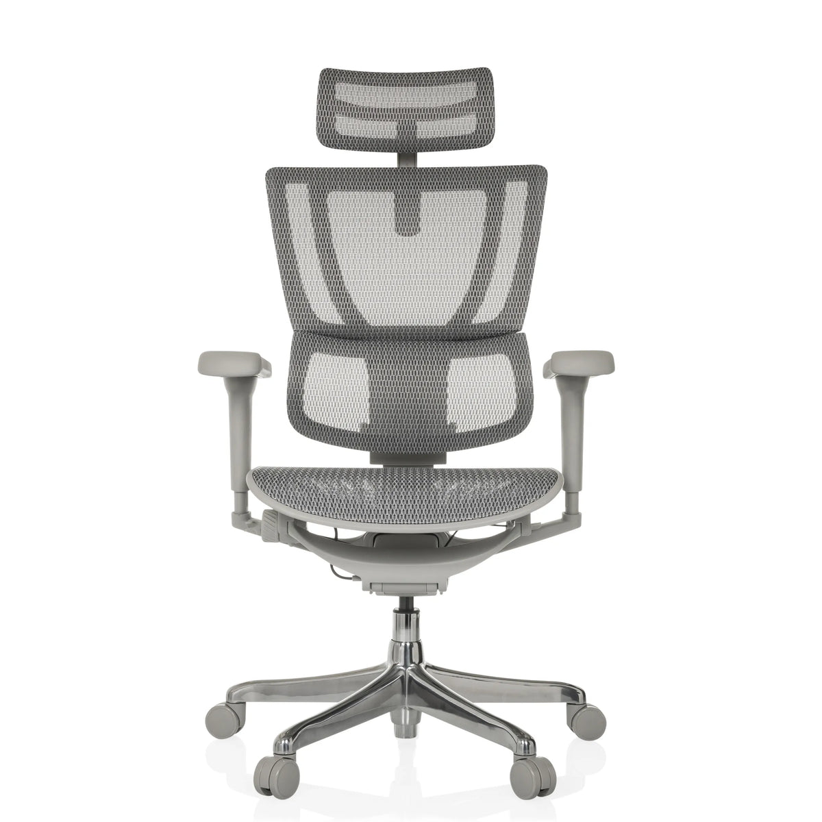 Grijze luxe directiestoel ERGOHUMAN SLIM ULTRA G GEN2 met netrugleuning en vijfster-onderstel met zwenkwielen van hjh OFFICE – 360-gradenweergave (vooraanzicht 0°)