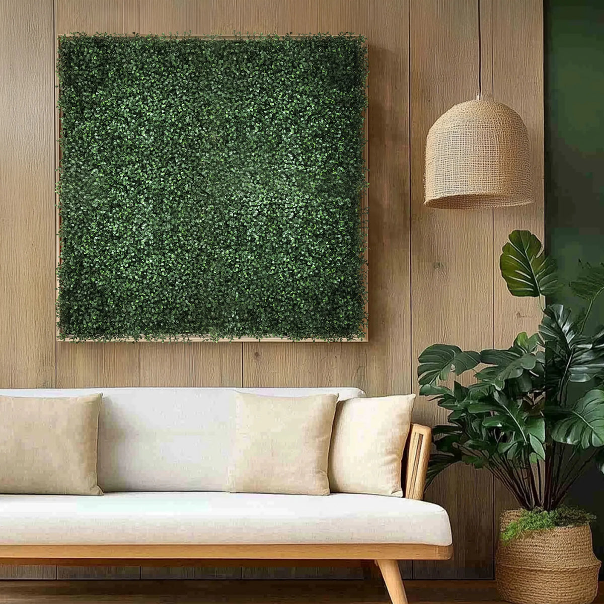 Groene plantmat LEAFLUXE 1 als vierkant wandelement boven een lichte bank van hjh LIVING