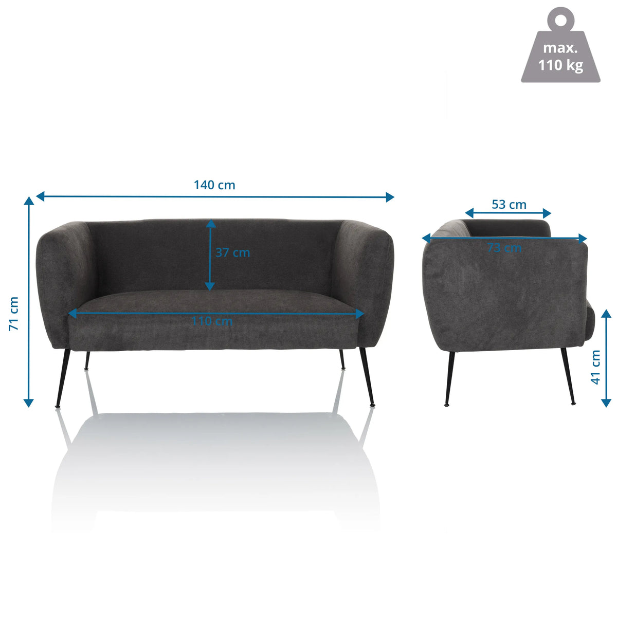 Maattekening van de lounge bank / sofa HAYRIVER met een breedte van 140 cm en een diepte van 73 cm van hjh LIVING
