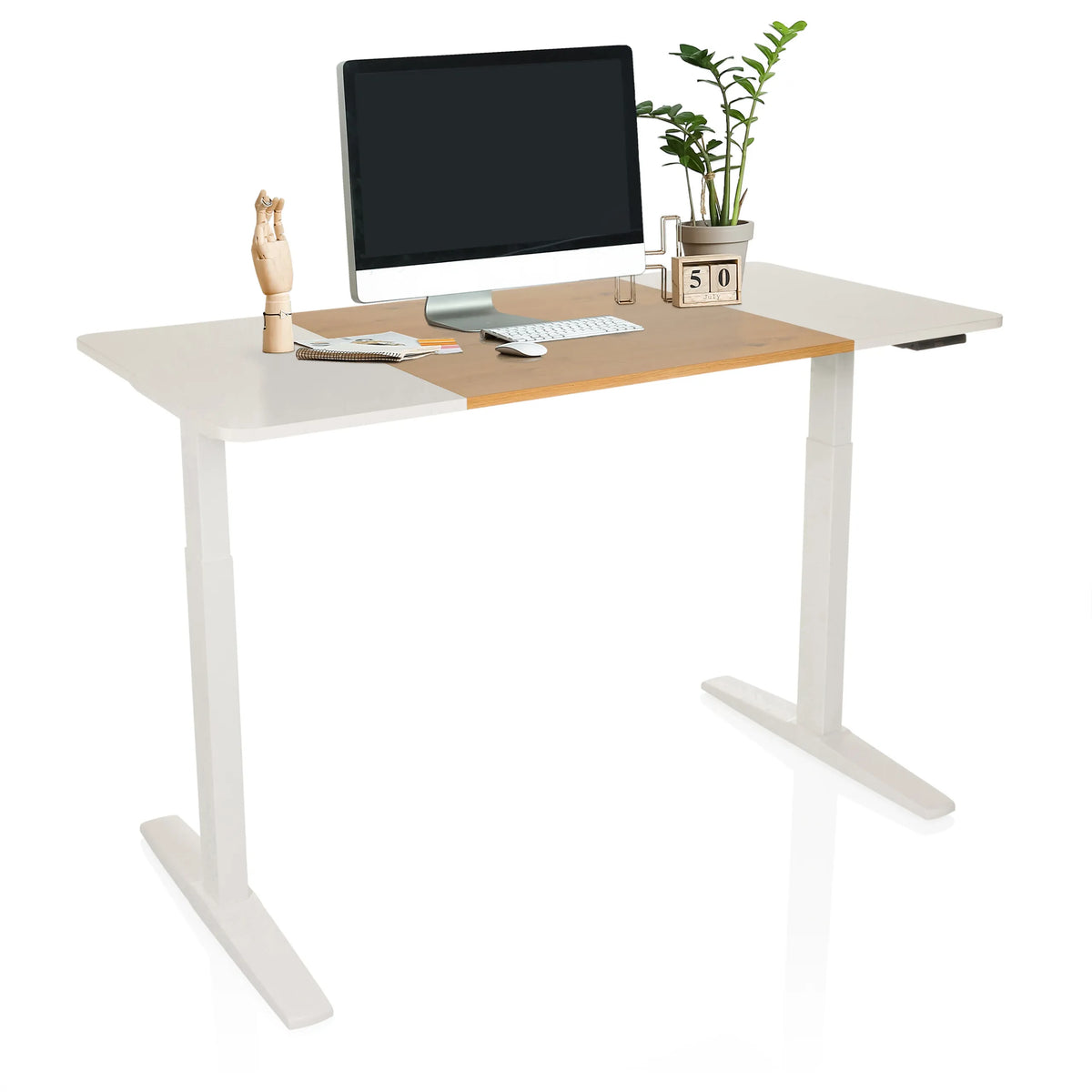 Elektrisch in hoogte verstelbaar bureau STAND T3 in wit en eiken met monitor en accessoires van hjh OFFICE