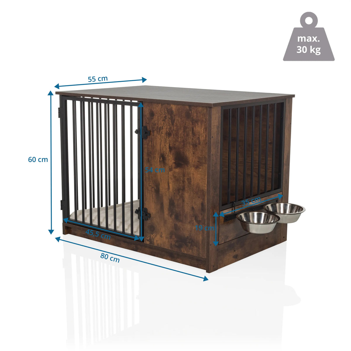 Maßzeichnung der Hundebox PAWHOME S in Braun mit 80 × 55 cm und zwei Futternäpfen von hjh LIVING