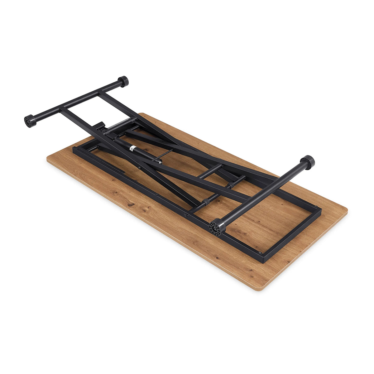 Onderstel van de Worktime Lift-tafel in zwart met een tafelblad in eikenlook van hjh OFFICE
