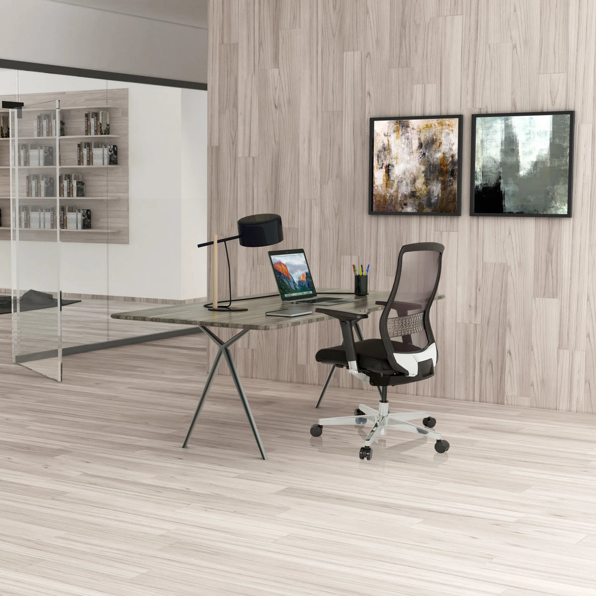 High end bureaustoel FOUNTAINE in zwart met netrugleuning en wieltjes van hjh OFFICE