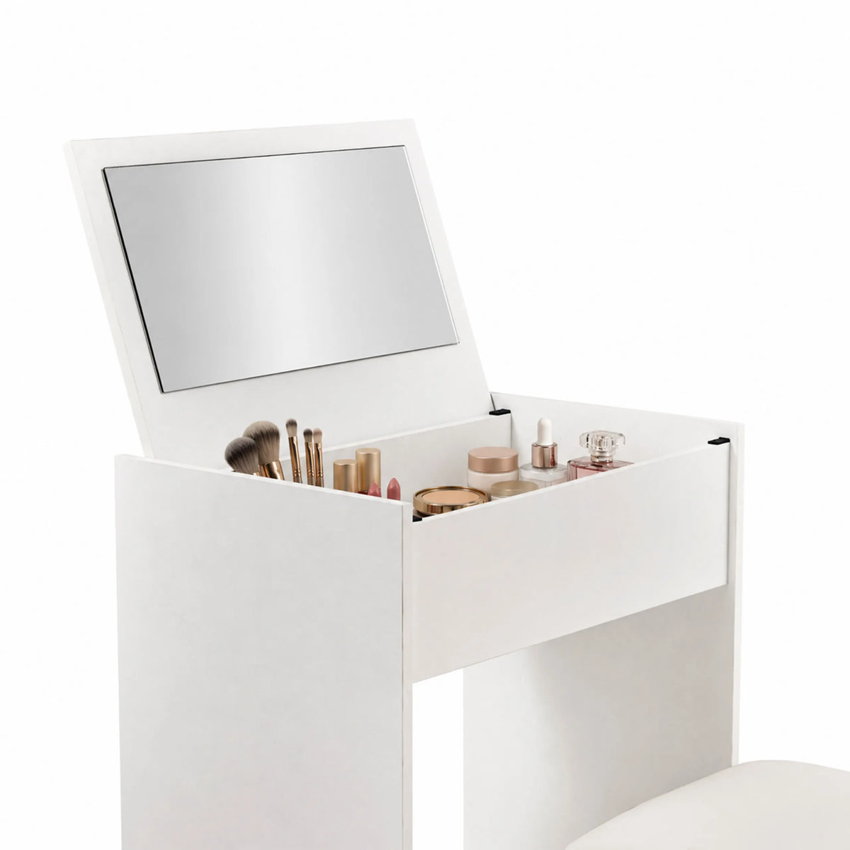 Geopende Glamdesk make-up spiegel in het wit met geïntegreerd vak voor make-up accessoires van hjh LIVING