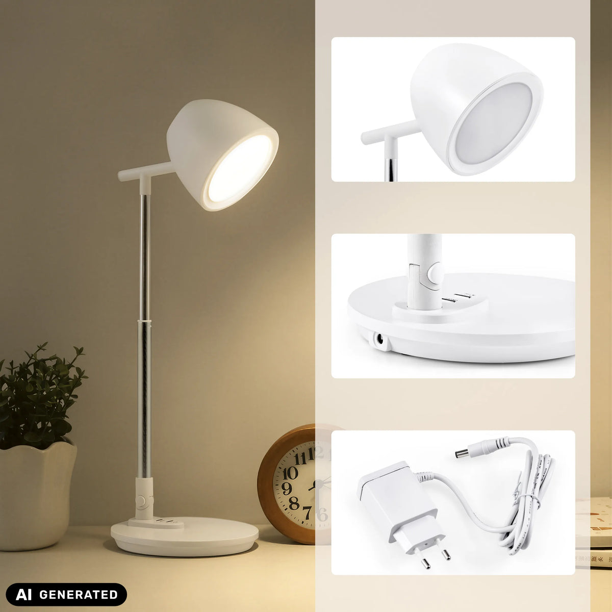 Witte Lumanova D3 bureaulamp met adapter en detailopnamen van hjh OFFICE (AI-gegenereerde afbeelding)