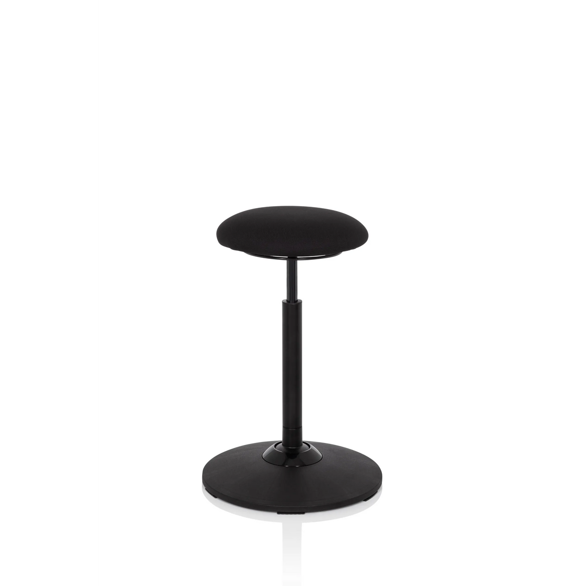 Zwarte stahulp BALANCE SIT met rond zitkussen en cirkelvormige voet van hjh OFFICE – 360-gradenweergave (schuin vooraanzicht 60°)