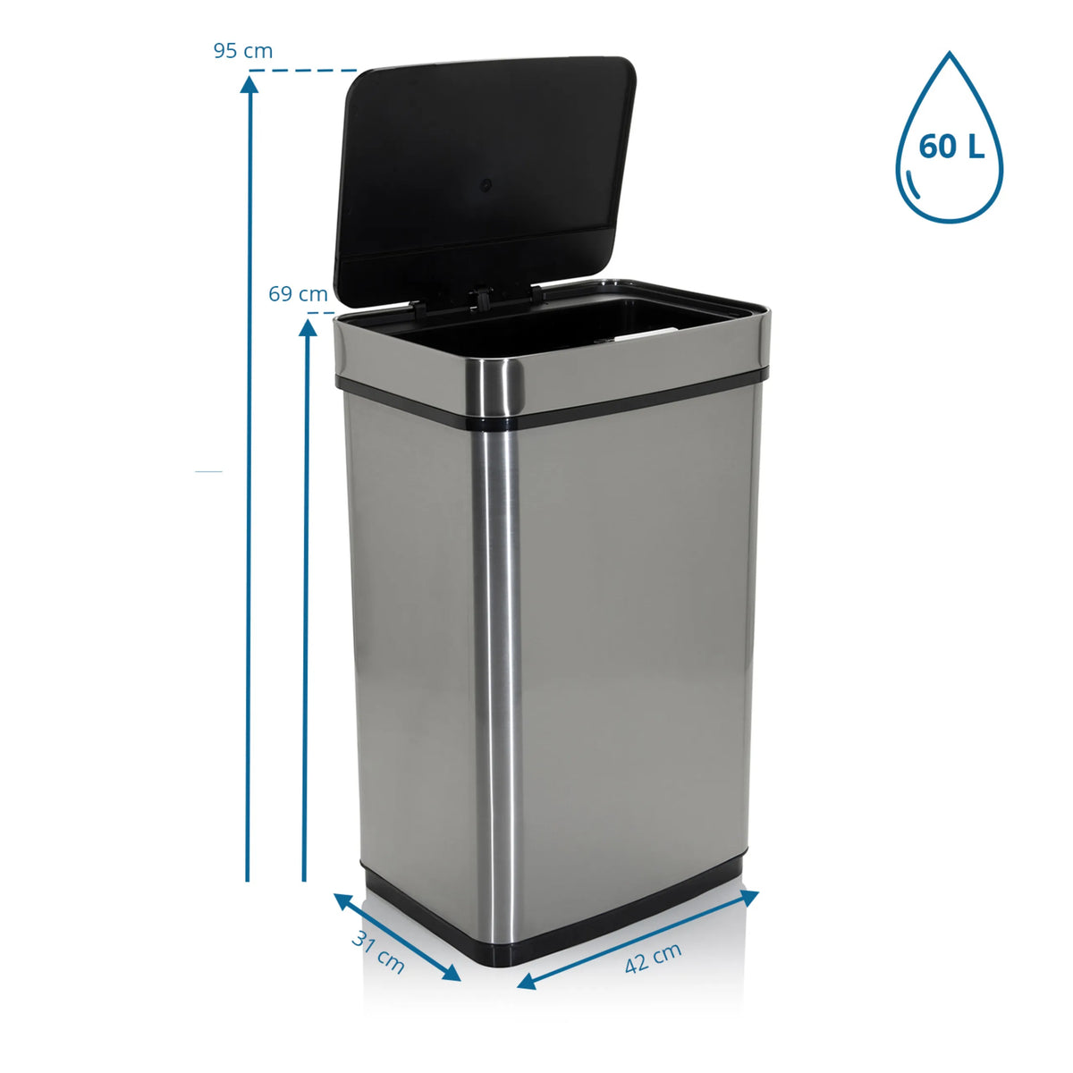 Maattekening van de CLEAN IV Sensorbak met een inhoud van 60 l en een hoogte van 95 cm van hjh OFFICE