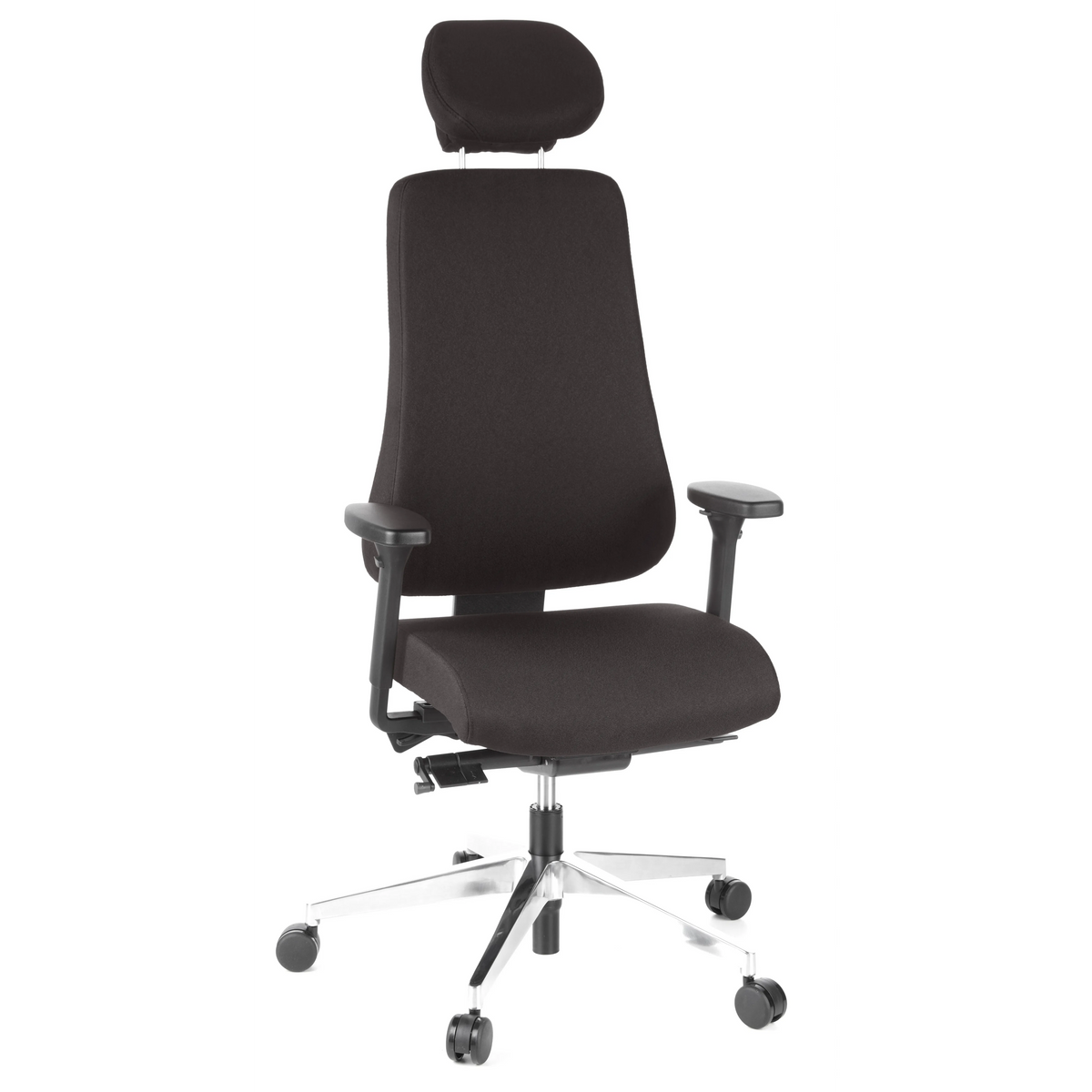 Schwarzer Profi-Bürostuhl PRO-TEC 400 mit Kopfstütze, Armlehnen und Fußkreuz mit fünf Rollen von hjh OFFICE – 360-Grad-Ansicht (Frontansicht 20°)