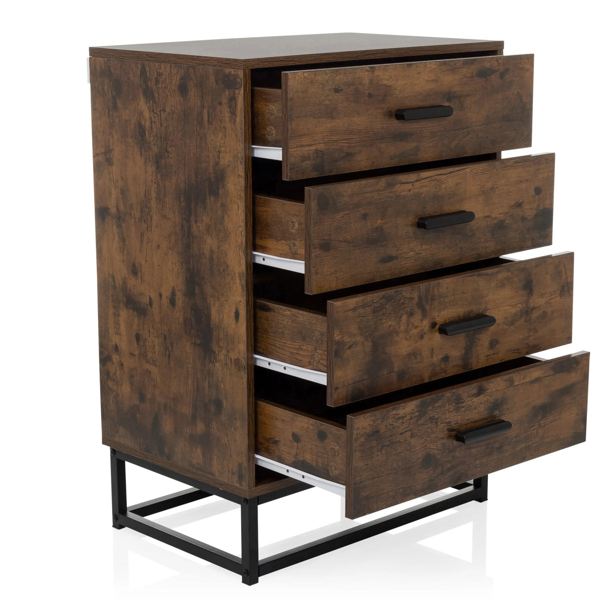 Bruine commode VINSTRA met vier uitgetrokken laden en zwart metalen frame van hjh LIVING