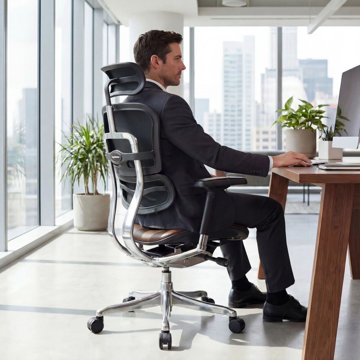 Luxe directiestoel ERGOHUMAN GEN2 in donkerbruin leer met een verchroomd onderstel aan een bureau van hjh OFFICE
