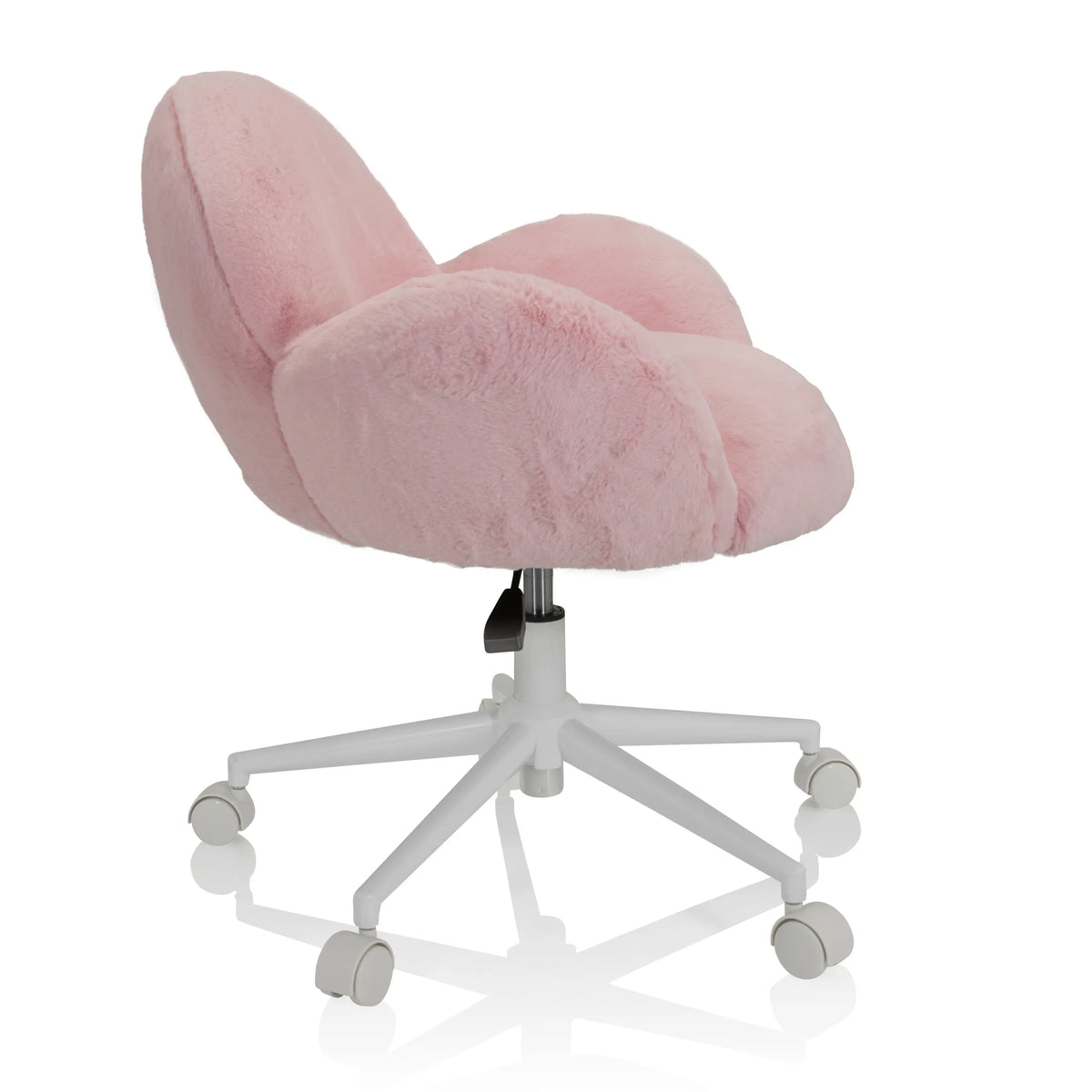 Roze Kinder bureaustoel KID TEDDY met pluche bekleding en wit vijfsterrenonderstel op wieltjes van hjh OFFICE – 360-gradenweergave (zijaanzicht 80°)