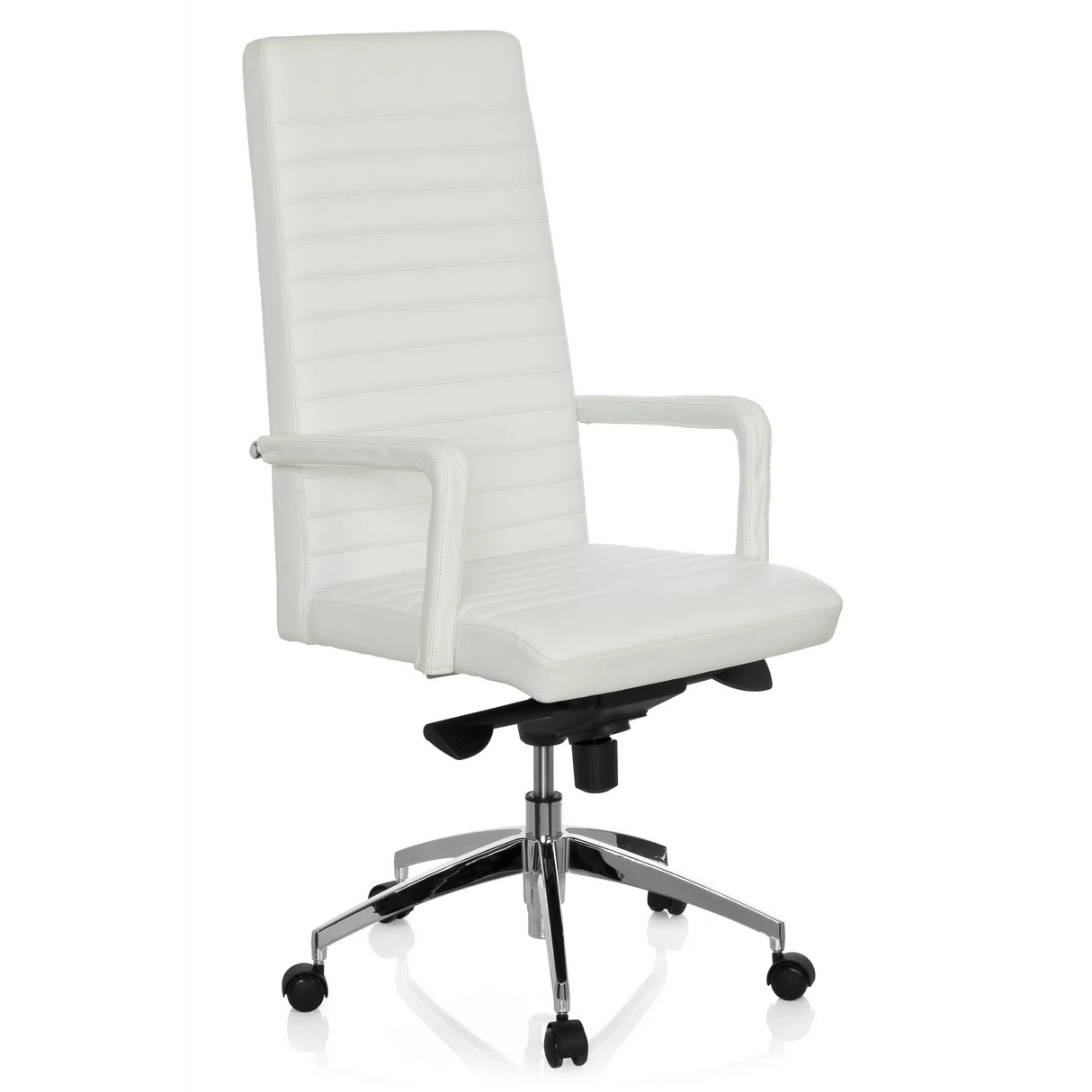 Witte Professionele directiestoel LENGA met horizontale stiknaden en vijfsterrenvoet met rolletjes van hjh OFFICE – 360-gradenweergave (schuin vooraanzicht 40°)
