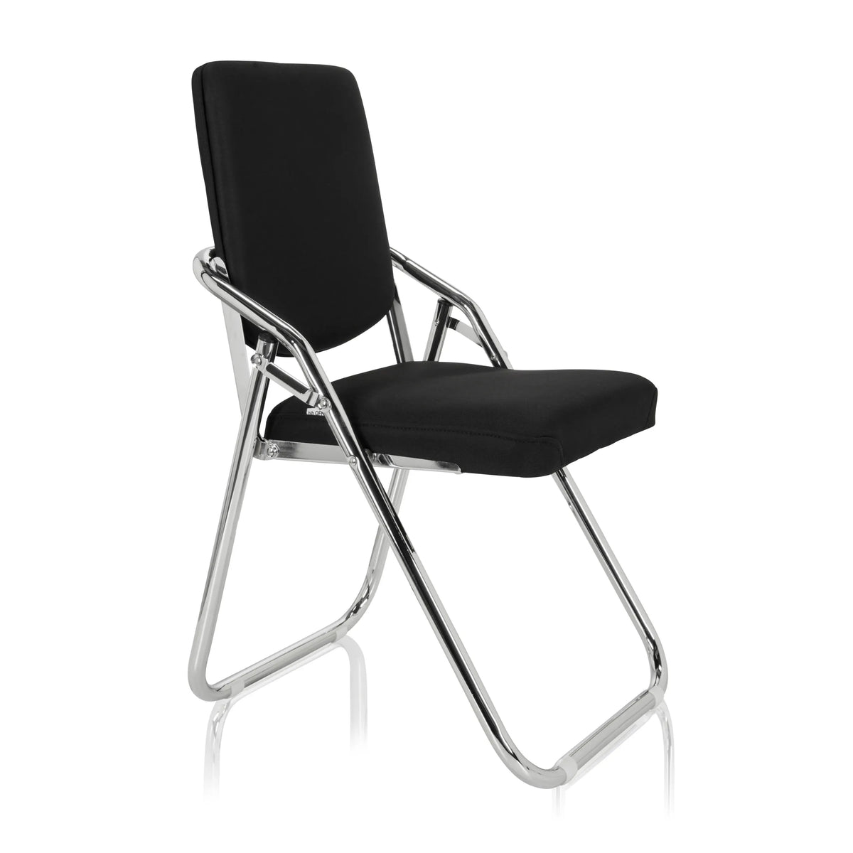 Zwarte Klapstoel ESTO met stoffen bekleding en verchroomd frame van hjh OFFICE – 360-gradenweergave (schuin vooraanzicht 60°)