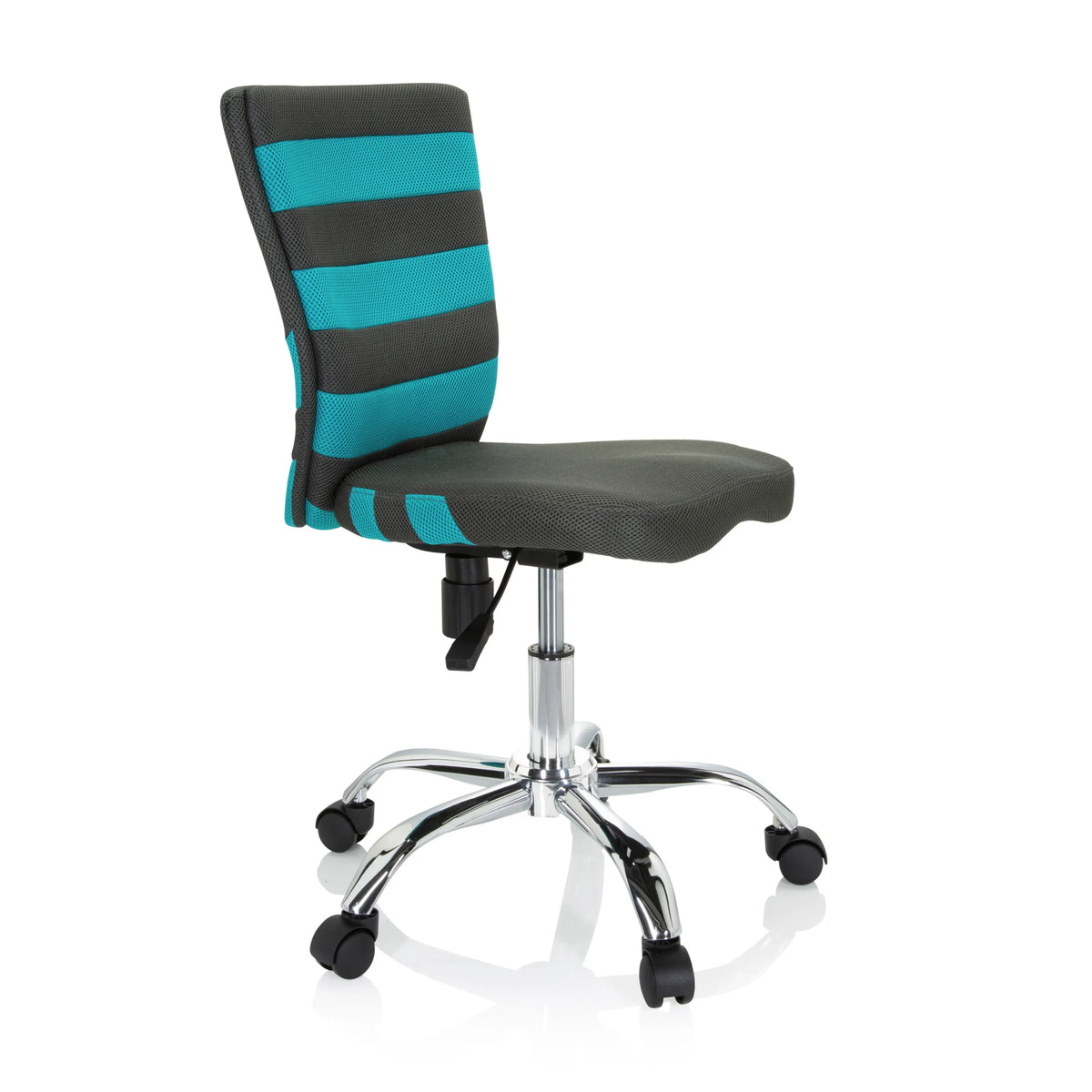Grijze KIDDY COMFORT I kinder bureaustoel met turquoise strepen in de netrugleuning en een vijfsterrenvoet met wieltjes van hjh OFFICE – 360-gradenweergave (schuin vooraanzicht 60°)