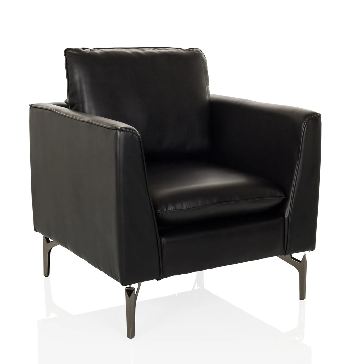 Zwarte Lounge stoel BAVERO met kunstlederen bekleding en metalen poten van hjh OFFICE – 360-gradenweergave (schuin vooraanzicht 30°)