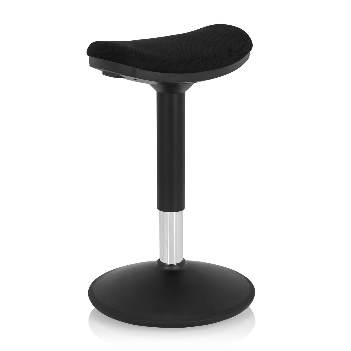 Zwarte stahulp BALANCE SIT I B met gebogen zitting en ronde voet van hjh OFFICE – 360-gradenweergave (schuin vooraanzicht 40°)