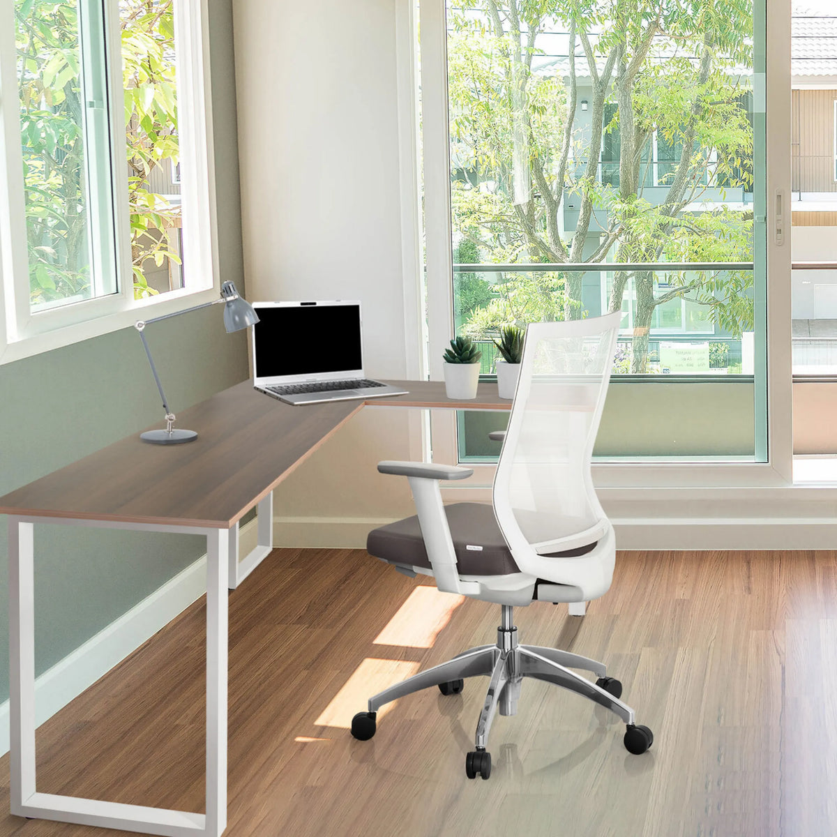 Hoekbureau WORKSPACE BASIC I in walnoot en wit met wit onderstel van hjh OFFICE