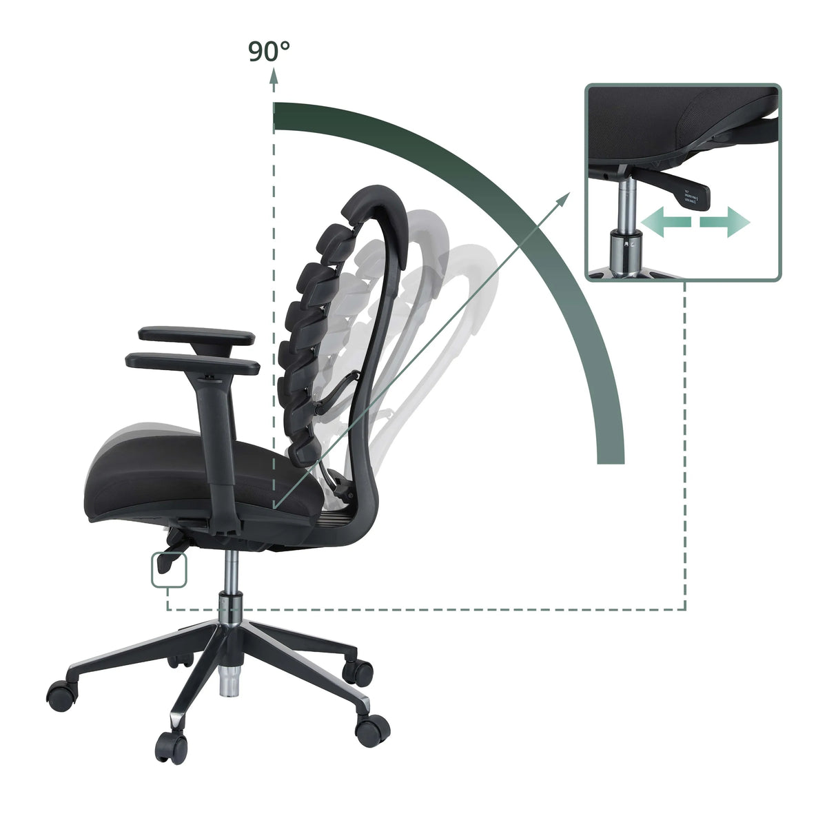 Kantelmechanisme met rugleuningverstelling van 90 graden van de professionele bureaustoel ERGO LINE II van hjh OFFICE