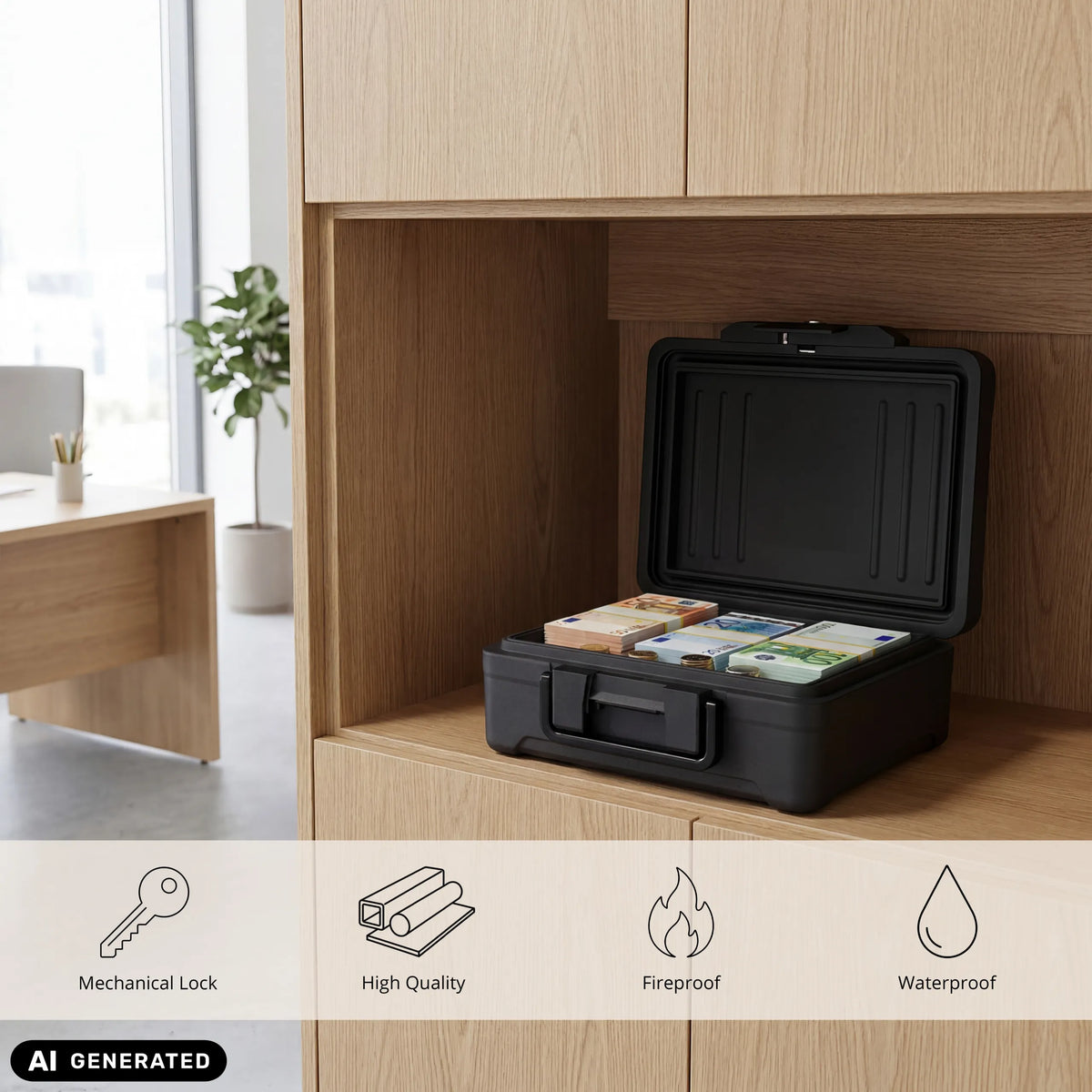 Open zwarte kluis Safe Compact Slim met geldbundels in een houten rek van hjh OFFICE (AI-gegenereerde afbeelding)