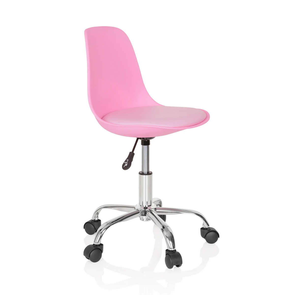 Roze Kinder bureaustoel FANCY II met gebogen kuip en vijfster-onderstel met wieltjes van hjh OFFICE – 360-gradenweergave (schuin vooraanzicht 60°)