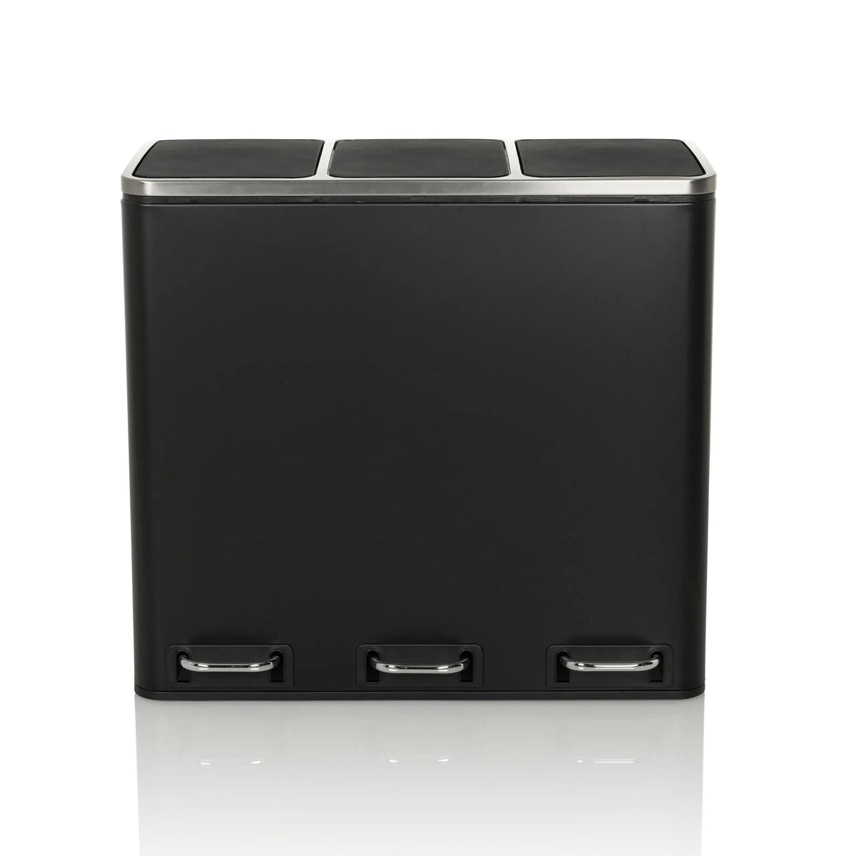 Schwarzer Mülleimer Clean 9 mit drei Fächern, silbernen Deckeln und Trittpedalen von hjh OFFICE – 360-Grad-Ansicht (Frontansicht 0°)
