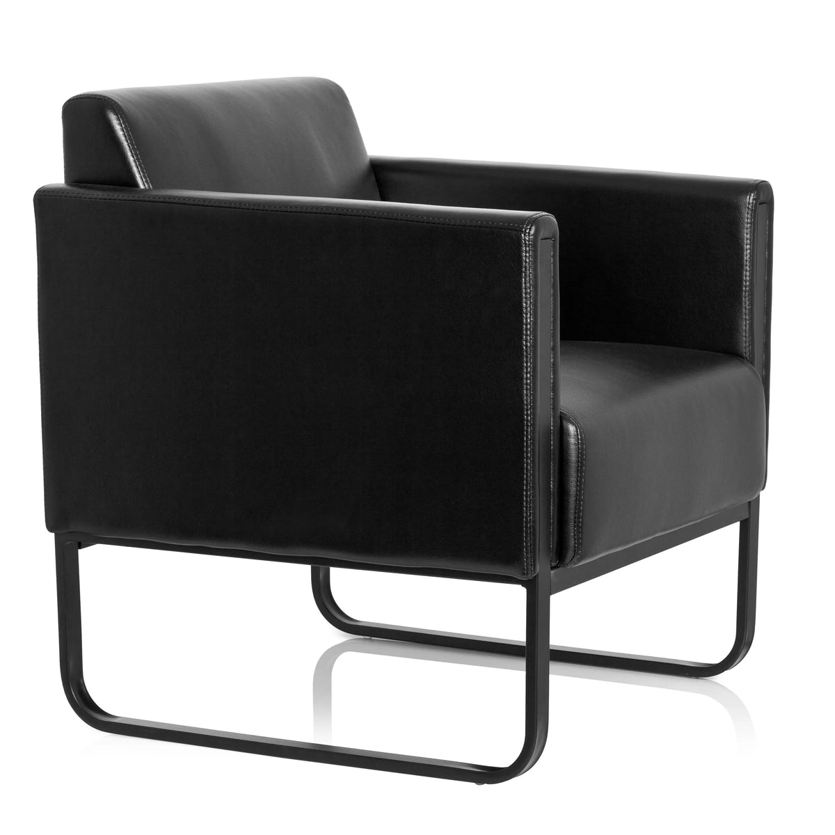 Zwarte gestoffeerde fauteuil BALI BLACK met armleuningen en een onderstel van hjh OFFICE – 360-gradenweergave (schuin vooraanzicht 60°)