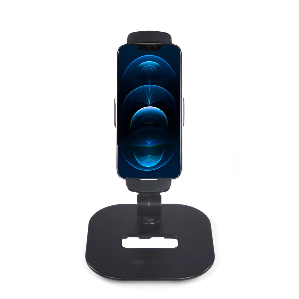 Zwarte Houder voor mobiele telefoon & tablet FLEXMOBI IV met voet en klem van hjh OFFICE – 360-gradenweergave (vooraanzicht 0°)