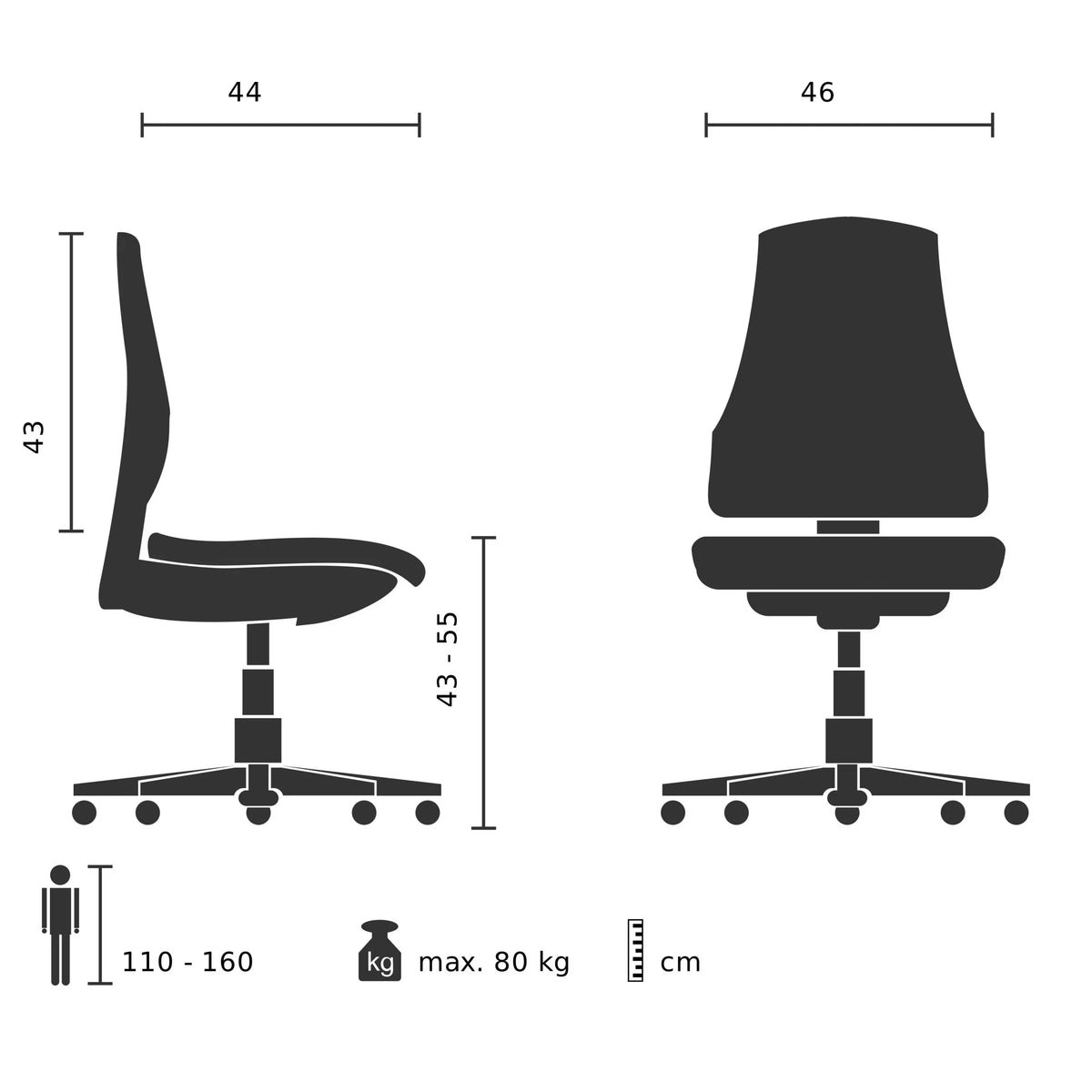 Technische tekening van de Kinder bureaustoel KID YU 200 met een breedte van 46 cm van hjh OFFICE