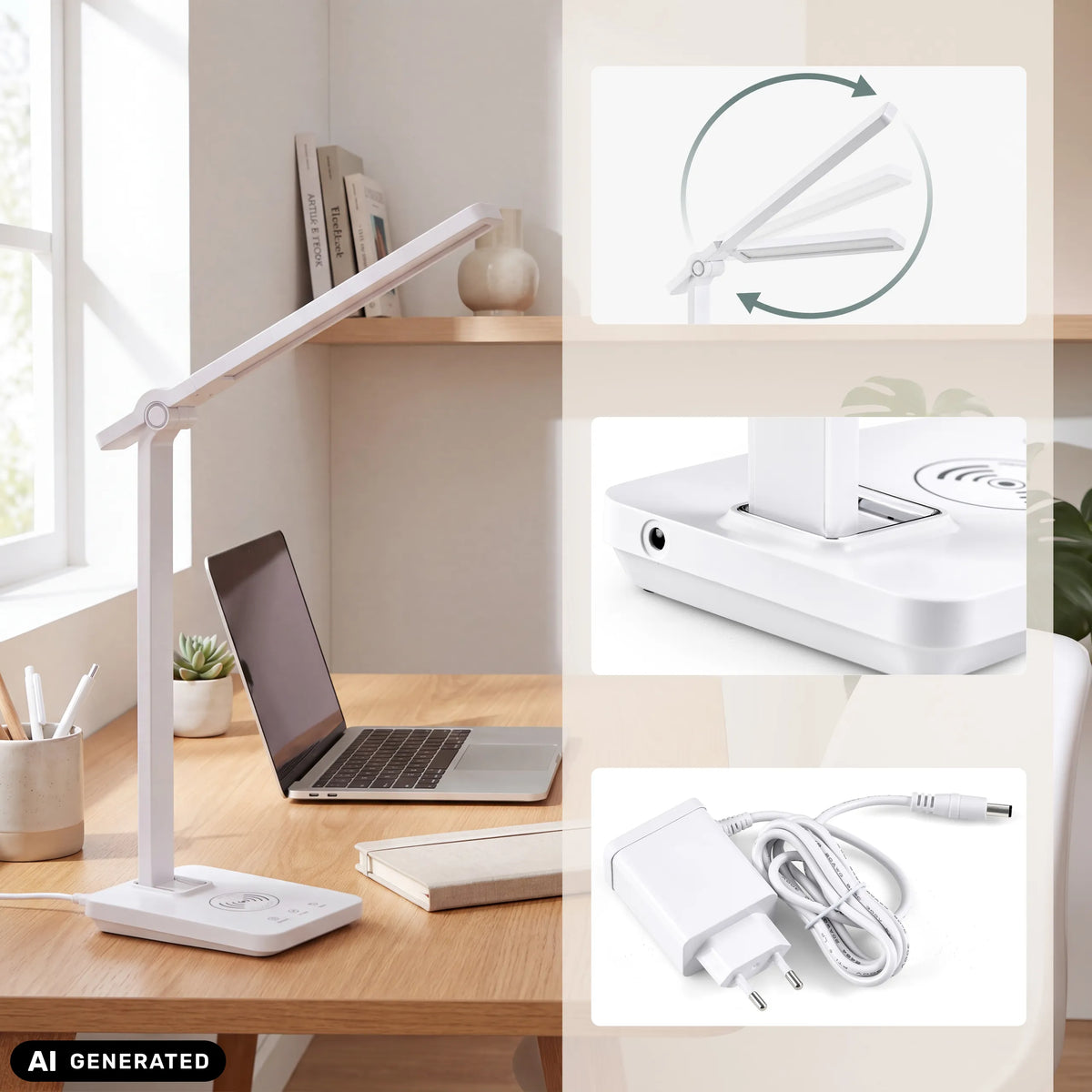 Witte Lumanova D1 bureaulamp met verstelbare arm en adapter van hjh OFFICE (AI-gegenereerde afbeelding)