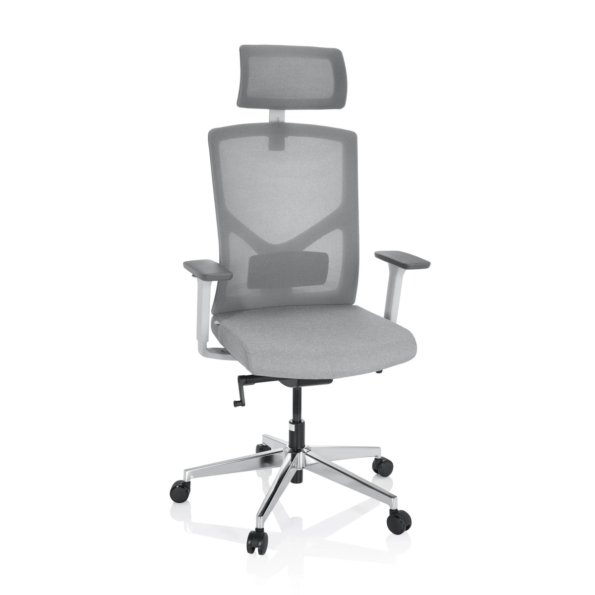 Grijze professionele bureaustoel BRETON PRO W met netrugleuning, hoofdsteun en vijfpoot met wieltjes van hjh OFFICE – 360-gradenweergave (vooraanzicht 20°)