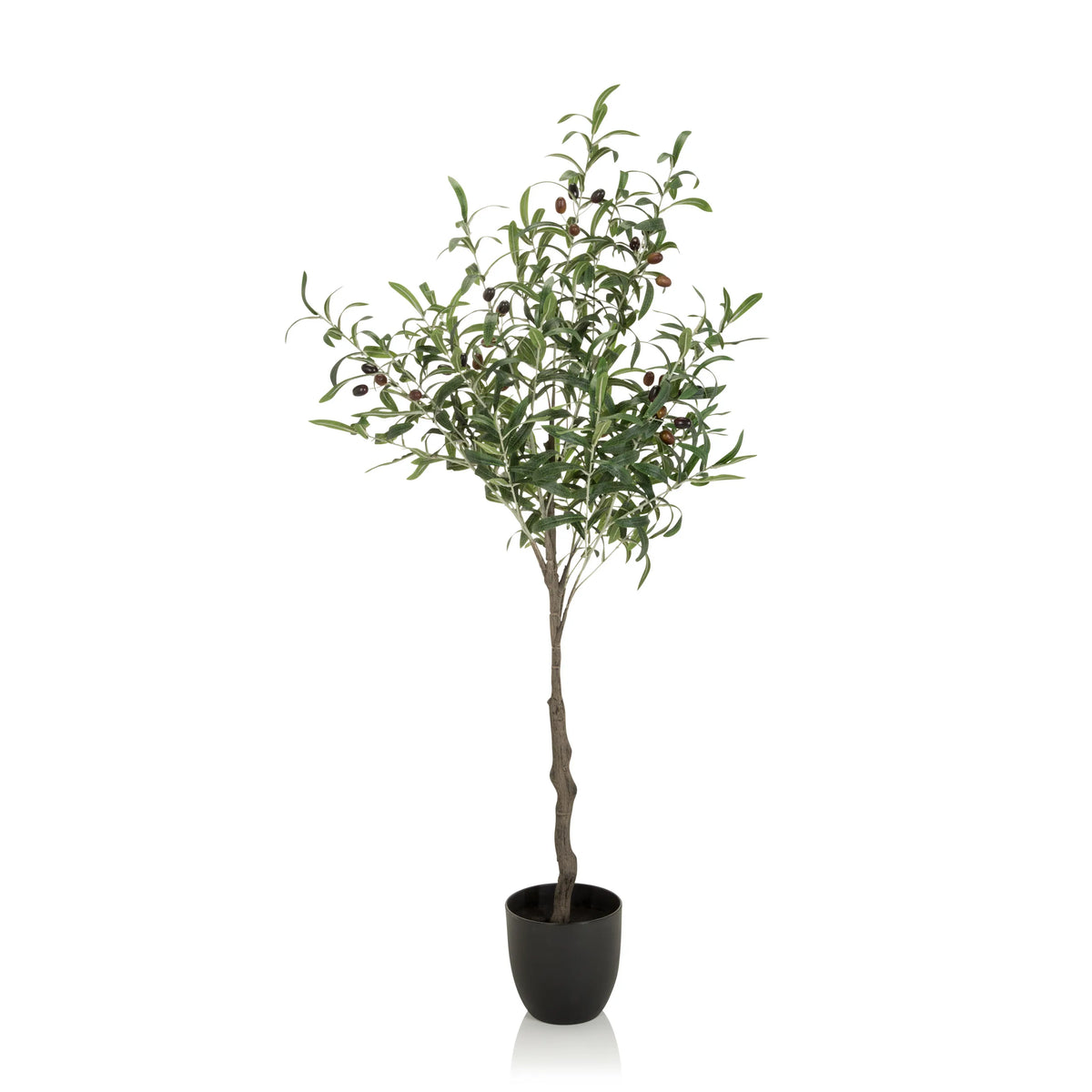 Groene Kunstplant OLIVE als olijfboom in een zwarte plantenpot van hjh OFFICE – 360-gradenweergave (zijaanzicht 90°)